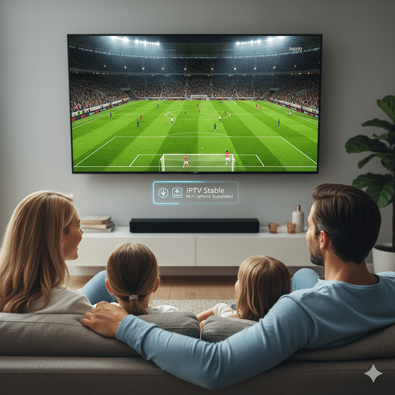 Famille heureuse profitant d'un abonnement IPTV stable en haute définition sans coupure.